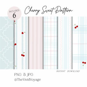 Puede incluir: Una colección digital titulada Cherry Sweet Pattern que presenta seis diseños distintos, incluyendo un patrón de cuatrifolio azul claro, cerezas rojas sobre blanco, rayas rosa suave, cuadros azul claro, líneas onduladas y cuadros blancos con cerezas.