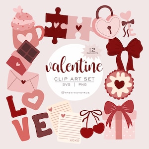 Puede incluir: Un conjunto de imágenes prediseñadas de San Valentín con 12 elementos. El diseño incluye una taza, una barra de chocolate, un sobre, un corazón, piezas de rompecabezas, un candado, un lazo, una galleta, una caja de regalo, cerezas y la palabra "LOVE". También está presente el texto "valentine".