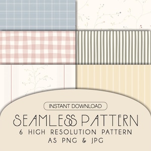 Puede incluir: Seis patrones sin costuras en colores pastel, con cuadros, rayas y motivos florales. La imagen incluye el texto "INSTANT DOWNLOAD" y "SEAMLESS PATTERN 6 HIGH RESOLUTION PATTERN AS PNG & JPG".