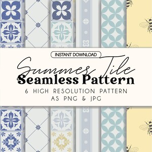 Puede incluir: Gráfico de descarga digital con seis patrones de azulejos sin costuras en azul, blanco y amarillo. Los diseños incluyen motivos florales y geométricos. El texto dice "Summer Tile Seamless Pattern" y "Instant Download".
