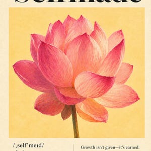 May include: A poster featuring a large pink lotus flower centered on a yellow background. The word selfmade is printed in black at the top. Below the flower, the text includes the phonetic spelling, definition, and a paragraph about growth.