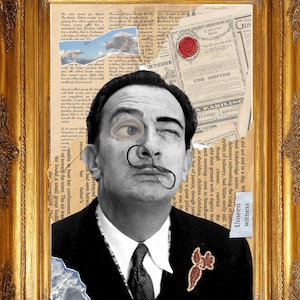 May include: A framed black and white portrait of a man with a distinctive mustache and eye covering, set against a collage of vintage paper and a gold ornate frame. The image includes the text "Unseen witness".