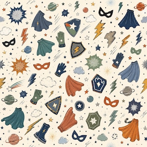 Superhero Seamless Pattern | Retro Comic Digital Paper | Cute Hero Icons, Capes, Masks & Lightning | Kids Fabric Wallpaper Print