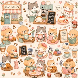 以下が含まれることがあります： カフェの風景を描いた猫と犬のイラスト集。コーヒーメーカー、ペストリー、ケーキ、ジャムの瓶、COZY CAFEやToday's Specialsと書かれたメニューボード、様々なコーヒーカップが明るい背景に描かれています。