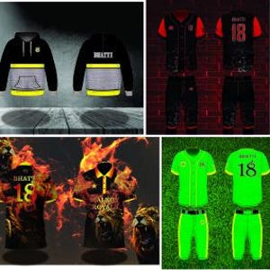 Puede incluir: Una colección de ropa deportiva, que incluye camisetas, sudaderas con capucha y pantalones cortos. Los diseños presentan el número 18 y la palabra "BHATTI" en varios colores, como negro, verde y amarillo. Algunos diseños incorporan gráficos de llamas y leones.