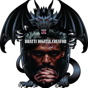 Può includere: Design di arte digitale con un drago nero con occhi rossi e ali spiegate. Il drago è sopra uno scudo con il volto di una persona e il testo "BHATTI DIGITAL CREATOR".