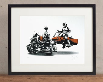May include: A black and white print of a Star Wars Stormtrooper riding a red speeder bike, being pulled over by a police officer on a motorcycle. The print is framed in black.