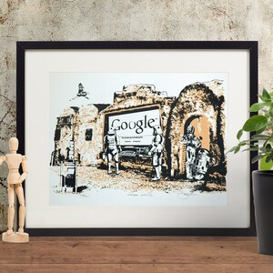 May include: A black and white illustration of a scene from Star Wars with Stormtroopers standing in front of a Google sign. The sign reads "Google" and "The Droid you are looking for..."