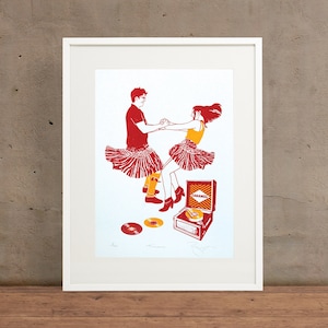 May include: A red and yellow illustration of a couple dancing to a record player labelled "CARAMEL". The couple are wearing red and yellow clothing and are dancing in front of a record player with three records.