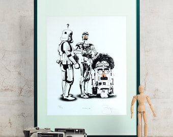 May include: A black and white illustration of three Star Wars characters: Darth Vader, C-3PO, and R2-D2. R2-D2 is wearing a mustache and glasses. The illustration is framed in a teal frame.