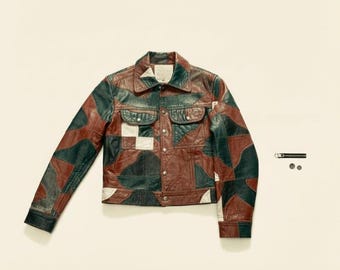 Chaqueta de motociclista de cuero con patchwork: bloques de color retro de los años 70, hecha a mano