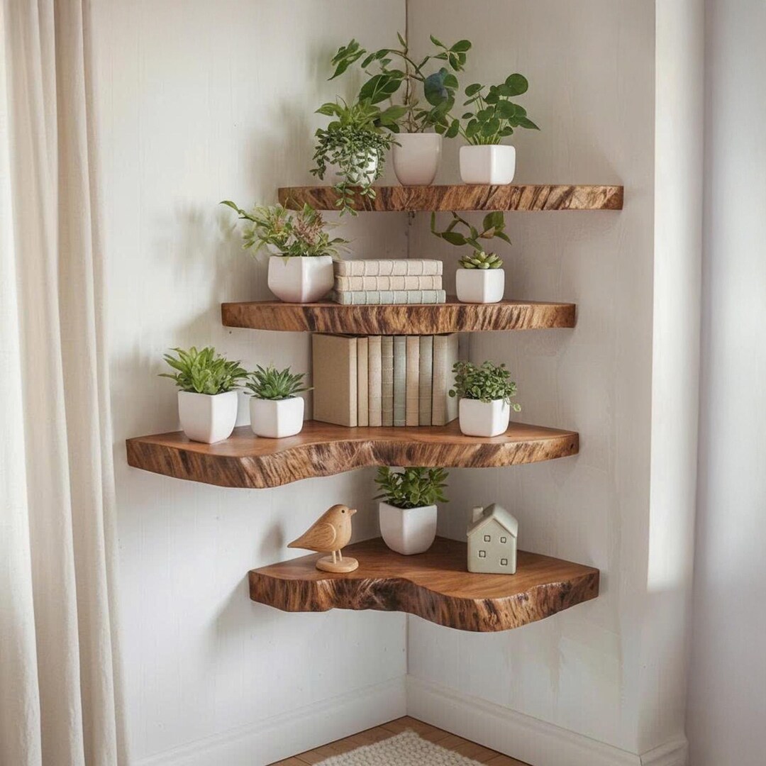 Floating Corner Shelf Solid Wood Wall Mounted Shelves Art Wood Carving ...