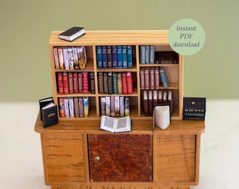 May include: Miniature wooden bookcase with multiple shelves filled with tiny books of various colors. Several small books are scattered in front of the bookcase. The text "Instant PDF download" is on the image.