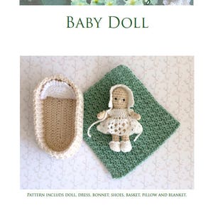 Front page of a PDF pattern with a crochet doll, basket and a pillow.