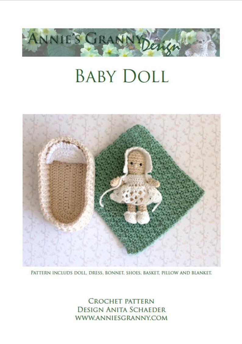 Front page of a PDF pattern with a crochet doll, basket and a pillow.