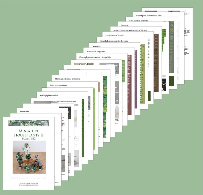 Pages of a PDF containing ten different miniature paper plants. Tutorial and templates.