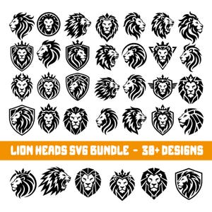 May include: A collection of over 30 black and white lion head illustrations featuring various profiles, frontal views, and heraldic shield designs. The graphic set includes roaring lions, crowned lions, and geometric motifs with the text LION HEADS SVG BUNDLE - 30+ DESIGNS.