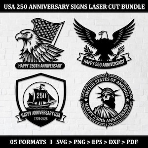 Puede incluir: Paquete de letreros del 250 aniversario de EE. UU. cortados con láser. Incluye cuatro diseños de metal negro: un águila con una bandera, un águila con las alas extendidas, un barco y la Estatua de la Libertad. Cada diseño incluye el texto "Happy 250th Anniversary".