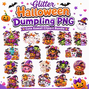 May include: A digital clipart bundle featuring the text Glitter Halloween Dumpling PNG Cute Kawaii Clipart Bundle. The collection includes various illustrations of pumpkins, ghosts, cats, and mummies in purple, orange, and green colors.