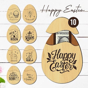 May include: Wooden Easter egg decorations with various designs, including a bunny with a basket, a cross, and the text "Happy Easter." One egg is open, revealing a compartment. The number "10" is visible.