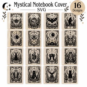 May include: A collection of 16 rectangular notebook covers featuring black ink illustrations on a light background. The designs include a bee, mushrooms, a bat, a raven, a moon, a moth, a skull, a rabbit, a snake, hands, a wolf, an owl, a fox, a deer, and a cat. Text reads Mystical Notebook Cover SVG 16 Designs.