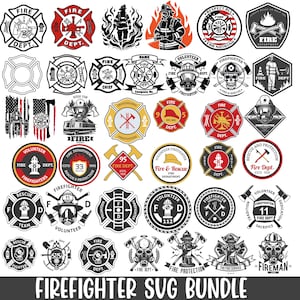 Op de afbeelding: Een verzameling zwart-wit-rode grafische ontwerpen met brandweerthema's, waaronder silhouetten van brandweerlieden, helmen, bijlen, brandkranen, schedels en badges met tekst zoals Fire Dept, Volunteer en Firefighter SVG Bundle.