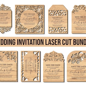Puede incluir: Un conjunto de invitaciones de boda de madera cortadas con láser en varias formas. Cada invitación presenta el texto "Save the Date" con nombres y detalles de la boda. El paquete incluye diferentes diseños decorativos y el texto "Wedding Invitation Laser Cut Bundle".