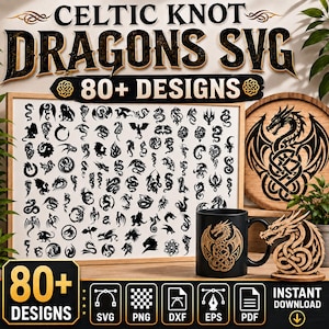Può includere: Una collezione digitale di oltre 80 disegni di draghi con nodi celtici in formato SVG, PNG, DXF, EPS e PDF. L'esposizione comprende una grande lavagna bianca con sagome di draghi neri, una tazza nera con un drago dorato e un drago in legno.