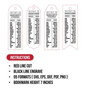 May include: Four Bible emergency numbers bookmarks in various shapes, each listing feelings and verses. The bookmarks are white with black text. The image also includes instructions for cutting and engraving, and states the bookmark height is 17.78 cm.