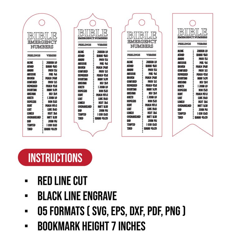 May include: Four Bible emergency numbers bookmarks in various shapes, each listing feelings and verses. The bookmarks are white with black text. The image also includes instructions for cutting and engraving, and states the bookmark height is 17.78 cm.