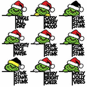 Puede incluir: Una colección de nueve diseños gráficos que muestran a una criatura verde con un gorro de Papá Noel, asomándose sobre una línea horizontal negra. Cada diseño incluye texto en negro como JINGLE ALL DAY, SASSY MERRY MOOD, STINK STANK STUNK, NAUGHTY NICE MAYBE, BLINK STANK STUNK, MERRY BRIGHT CHEER y HOLLY JOLLY VIBES.
