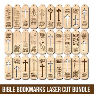 May include: A collection of laser-cut wooden Bible bookmarks. Each bookmark features a cross design and inspirational quotes like "Faith," "Hope," and "Love." The bookmarks are light brown with dark brown etched details. The text "BIBLE BOOKMARKS LASER CUT BUNDLE" is at the bottom.