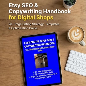 Op de afbeelding: Een digitale marketing handleiding getiteld "Etsy SEO & Copywriting Handbook for Digital Shops" wordt weergegeven op een tablet. Het tabletscherm toont "Etsy Digital Shop SEO & Copywriting Handbook". Een toetsenbord, een kopje koffie en een kleine plant staan op een houten oppervlak.