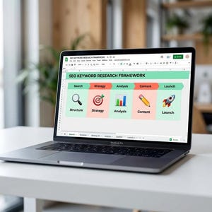 May include: A silver laptop displaying an SEO Keyword Research Framework on a white desk. The framework includes sections for Search, Strategy, Analysis, Content, and Launch, each with corresponding icons. The laptop is open, showcasing a spreadsheet-like interface.