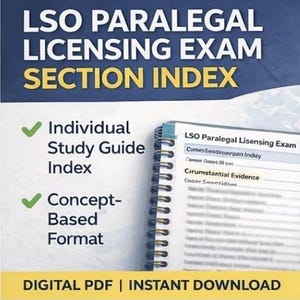 以下が含まれることがあります： 「LSO Paralegal Licensing Exam Section Index」というタイトルのスパイラル綴じの学習ガイド。テキストには「Individual Study Guide Index」と「Concept-Based Format」と記載。ガイドは「LSO Paralegal Licensing Exam」というタイトルと「Circumstantial Evidence」というテキストのあるページが開かれています。