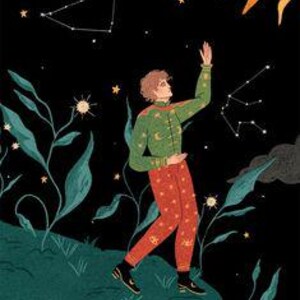 K&ouml;nnte beinhalten: Illustration einer Tarotkarte, "Der Narr". Eine Person in einer gr&uuml;nen Jacke und roter Hose steht auf einer Klippe unter einem Sternenhimmel und einer Sonne. Die Karte hat ein wei&szlig;es Banner mit dem Text "THE FOOL".