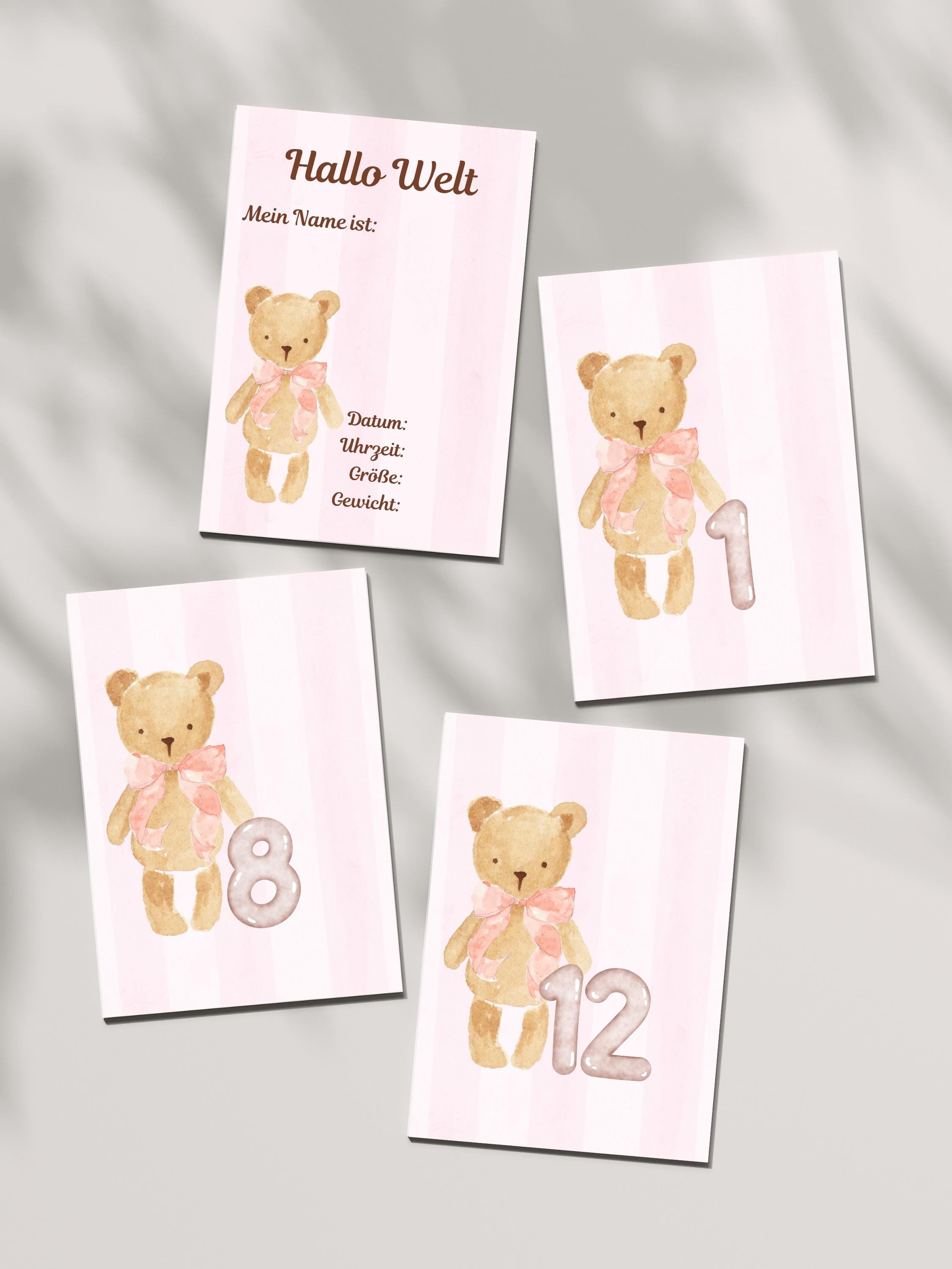 Baby Milestone Cards in Pink Teddy Bear Design for Girls | 1-12 Months ...