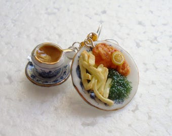 Tea And Fish And Chips Earrings. Polymer Clay.