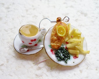 Tea And Fish And Chips Earrings. Polymer Clay.