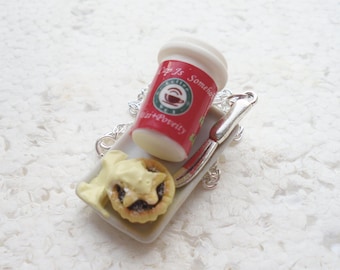 Mince Pie And Coffee Pendant. Polymer Clay.