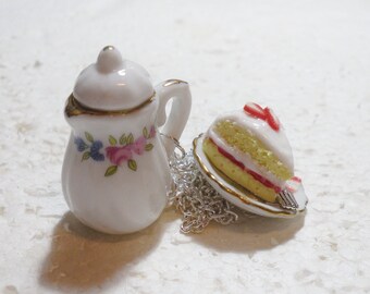 Teapot And Victoria Sandwich Cake Pendant. Polymer Clay.