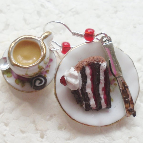 Tea And Black Forest Gateau Earrings. Polymer Clay.