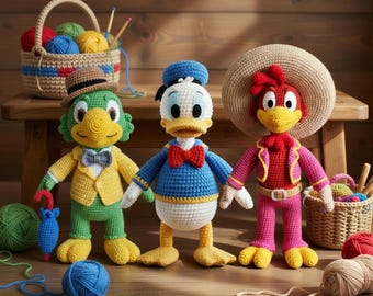 Handmade Crochet Three Caballeros Trio, Donald, Panchito, José Stuffed Toys