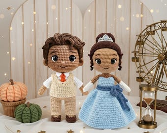 Princess Tiana & Prince Naveen Crochet Dolls, Amigurumi Frog Couple, Handmade Disney Collectibles