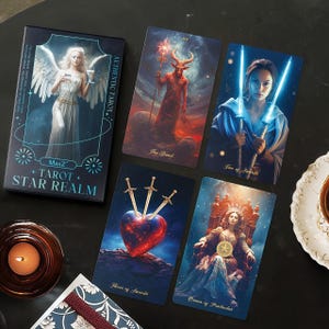 Può includere: Un mazzo di carte dei tarocchi e diverse carte individuali sono esposti. La scatola del mazzo è blu scuro con il testo "MaxZ TAROT + STAR REALM". Le carte presentano illustrazioni dettagliate, tra cui figure con spade, un diavolo e un angelo. Le carte sono su una superficie scura.