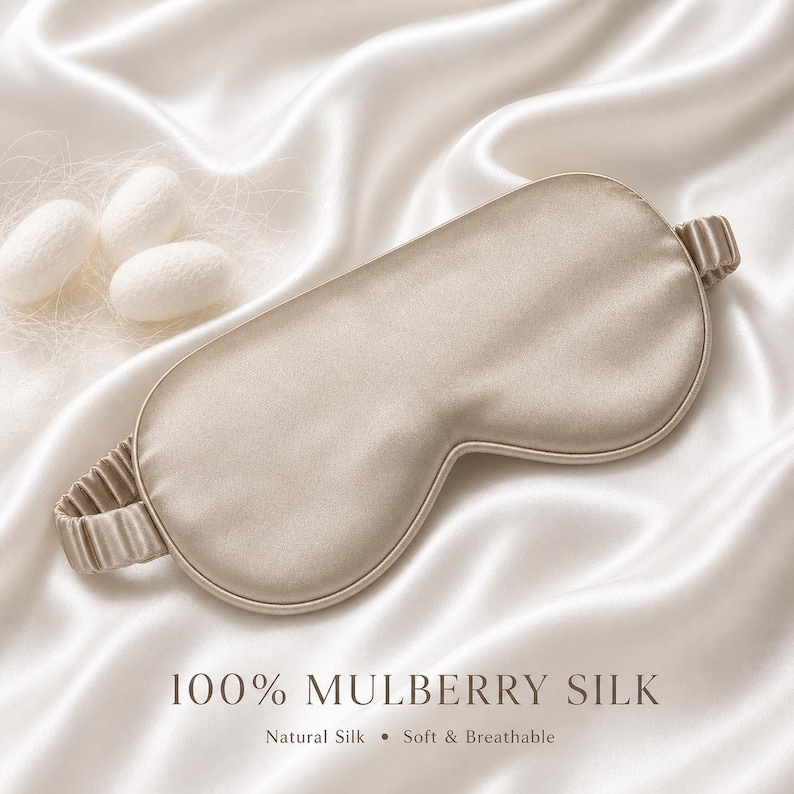 May include: A beige silk eye mask with an elastic band, resting on a satin fabric. The text "100% MULBERRY SILK" is displayed below the mask, along with "Natural Silk &bull; Soft & Breathable". Three white silk cocoons are in the upper left corner.