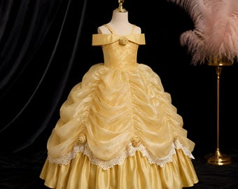 Golden Belle Girls Costume, Rose Jacquard Bodice, Off-Shoulder Princess Dress