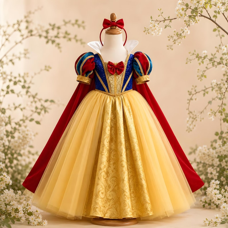 Fast 3-5 Day Delivery - Girls Snow White Princess Dress with Red Cape & Headband, Toddler Halloween Costume Ball Gown, Fast US Shippin image 3