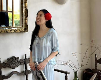 Light Blue Mulberry Silk Pajama Set Short Sleeve, Womens Silk Sleepwear, pajama set women, gift for wife, anniversary gift, silk pj set