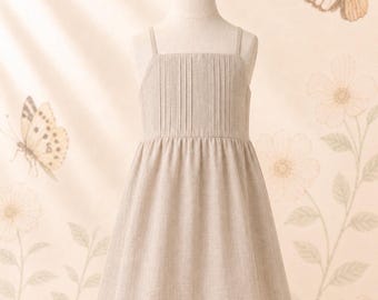 Girls Beige Linen Strap Dress — Soft Breathable Summer Boutique — Toddler Kids 1-6Y